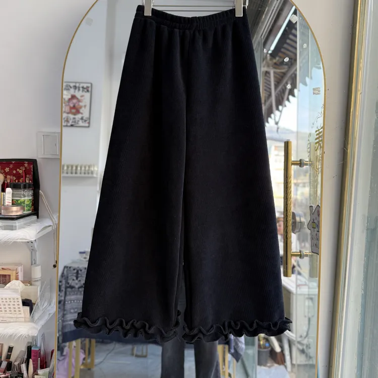 新款秋冬高腰加绒加厚花边裤脚微弹复古休闲阔腿裤