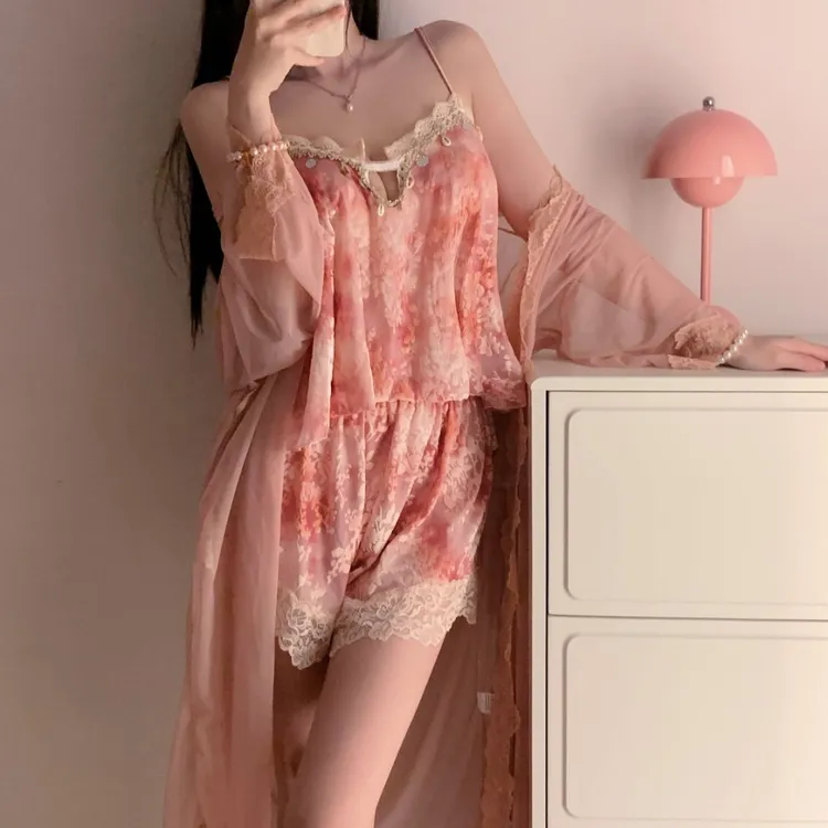 秋季吊带短裤睡衣家居服甜美套装法式蕾丝宽松睡裙睡袍气质女士