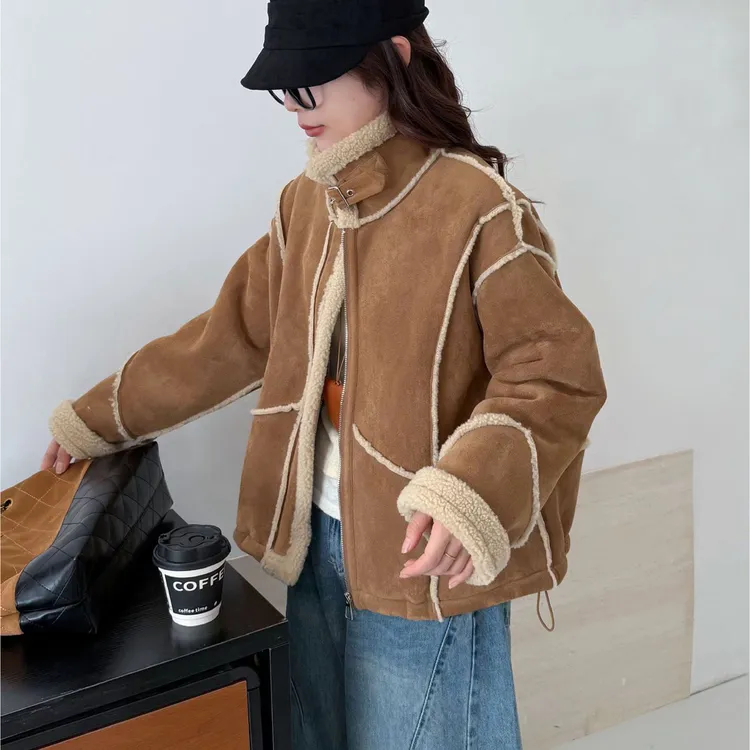 25冬季羊羔毛皮毛一体立领夹克加绒加厚毛毛外套秋冬机车服