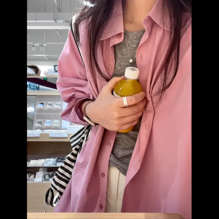 粉色纯棉长袖衬衫女早秋洋气慵懒风宽松休闲时髦气质上衣衬衣外套