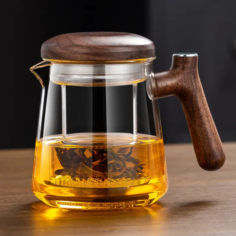 加厚全玻璃泡茶壶胡桃木把茶水分离杯家用高档办公室耐高温花茶杯