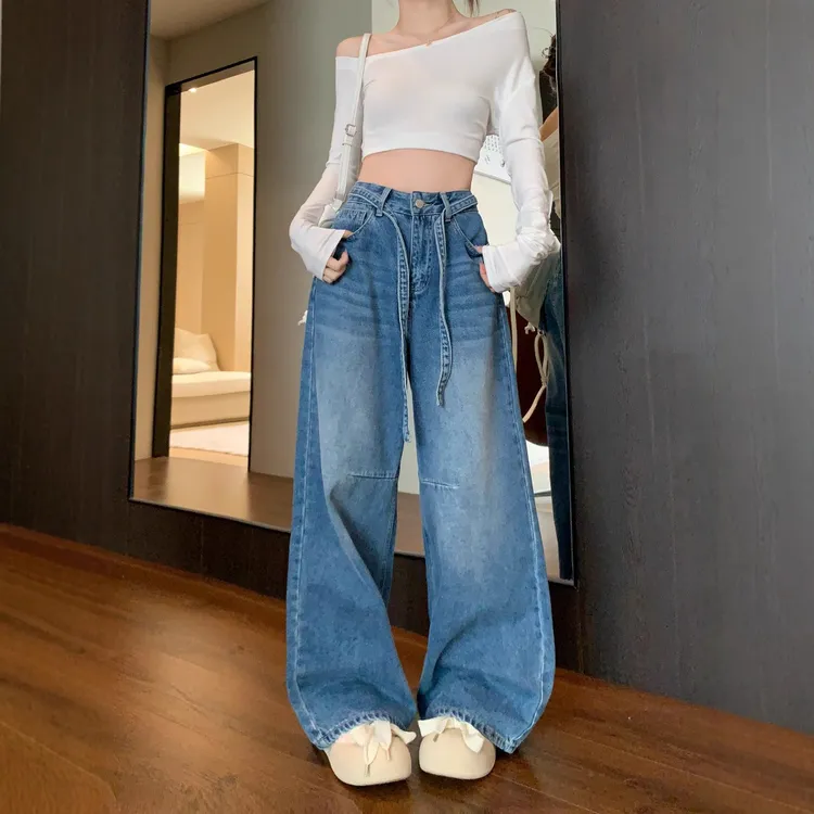 实拍 2025新款阔腿牛仔长裤女牛仔绑带设计感宽松大裤脚拖地裤子