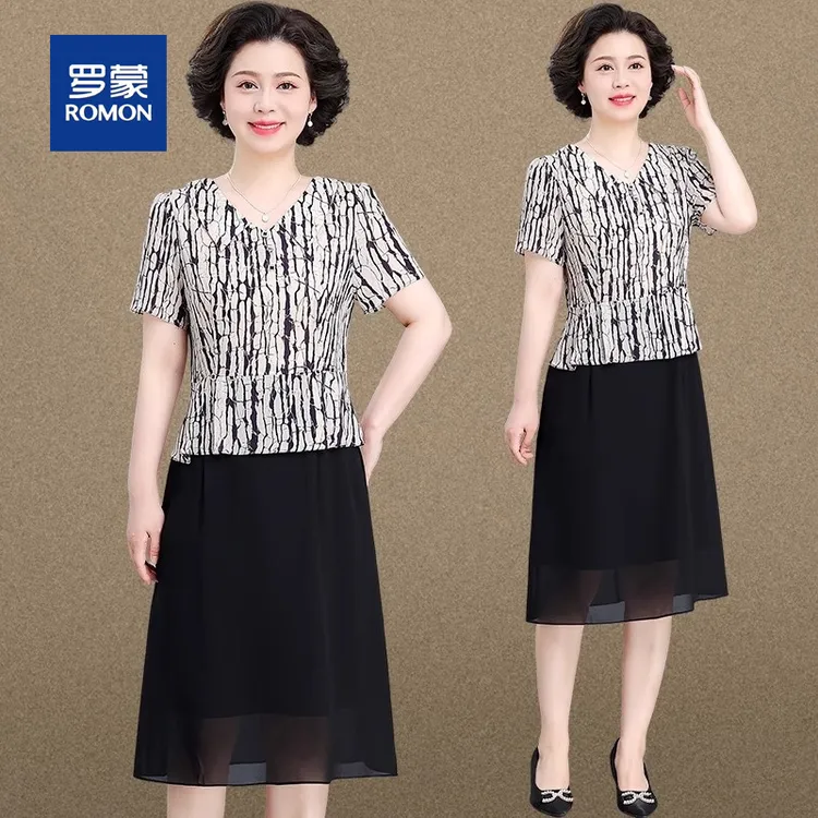 罗蒙中年妈妈连衣裙假两件2025新款中老年女装贵夫人夏季雪纺裙子