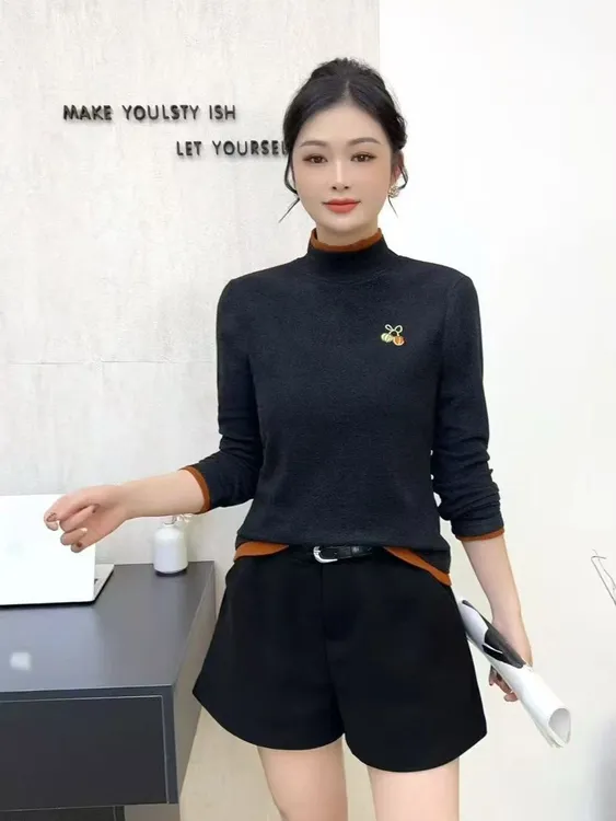 长袖半高领植物花卉拼接卫衣绒衫网红圆领毛衫秋冬修身时尚打底衫