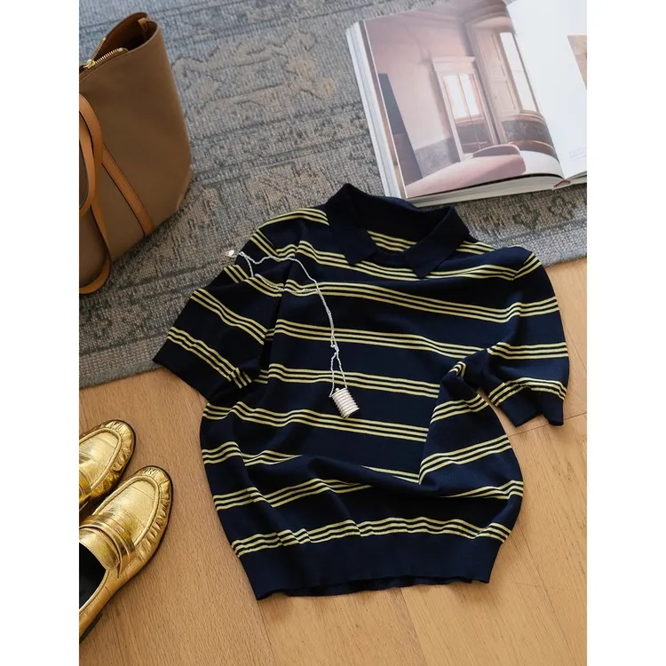 韩系小众设计感撞色条纹短袖T恤女夏季新款时尚洋气翻领针织上衣