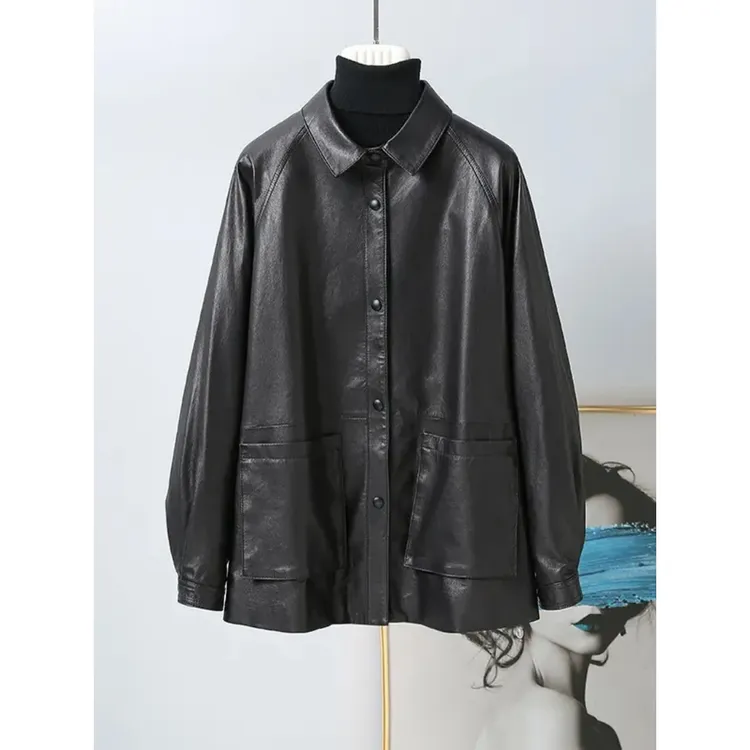 2025新款时尚女装休闲绵羊皮皮衣外套宽松洋气翻领皮衣