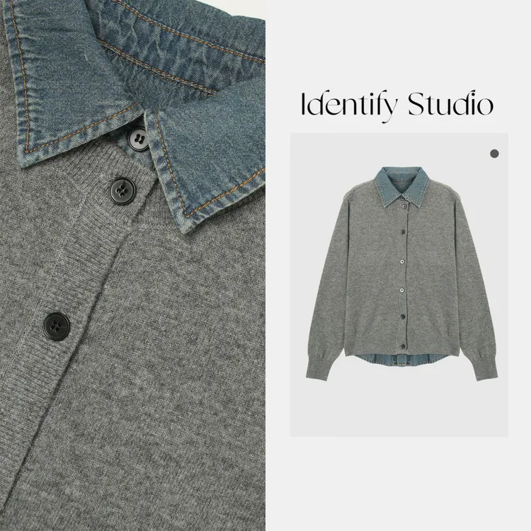 IDENTIFY冬季时尚牛仔拼接翻领单排扣纯羊毛开衫25AWG120845
