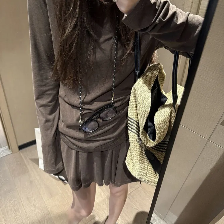 胖m大码秋季遮肉韩系公主范露背短裙两件套女薄款长袖t恤上衣套装