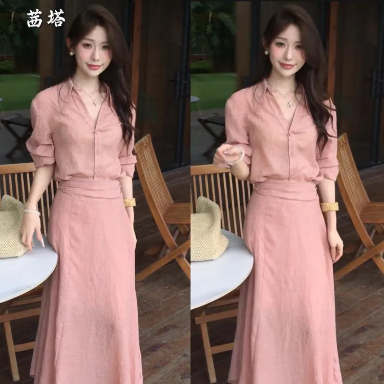 巨好看的夏装套装女法式高级感温柔气质长袖防晒衬衫半身裙两件套