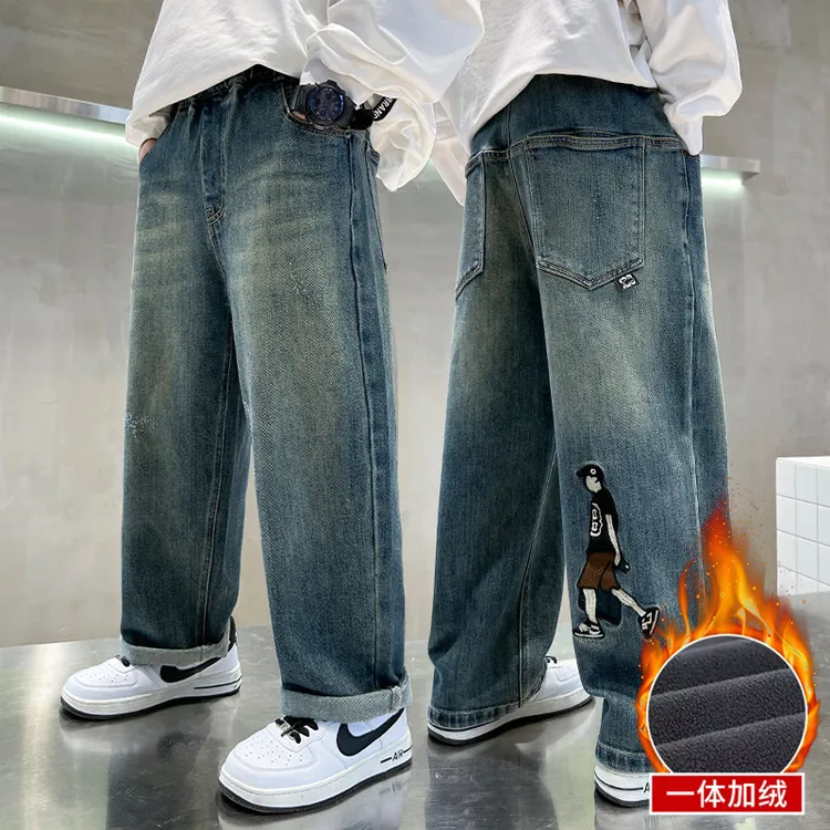 男童秋冬季休闲加绒牛仔裤2025新款中大儿童冬装保暖男孩宽松长裤