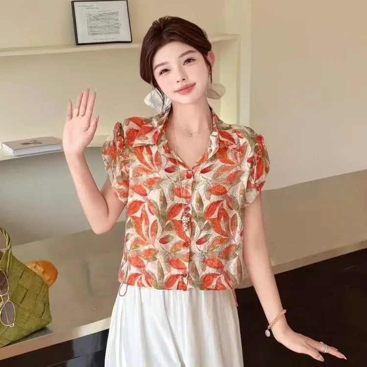 夏季新款碎花印花短袖衬衫