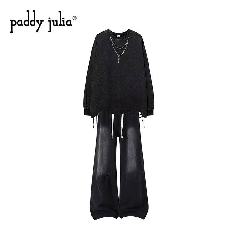 Paddy julia美式休闲套装男春秋款破洞做旧长袖T恤潮流渐变牛仔裤