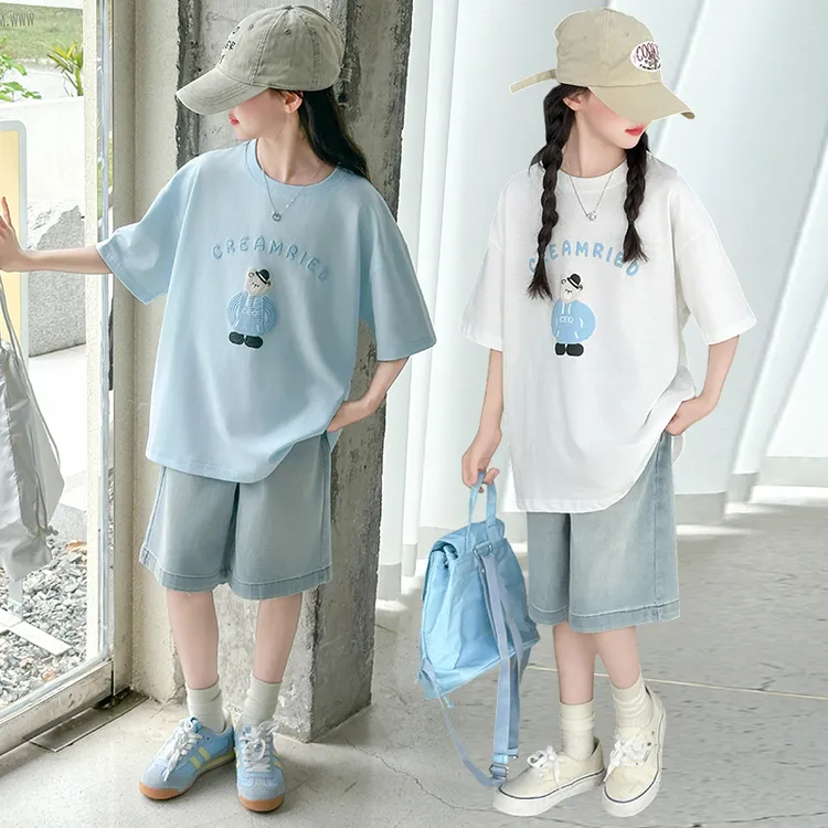 夏季女童韩版时尚短袖T恤2025新款6-12-15岁中大儿童薄款牛仔中裤