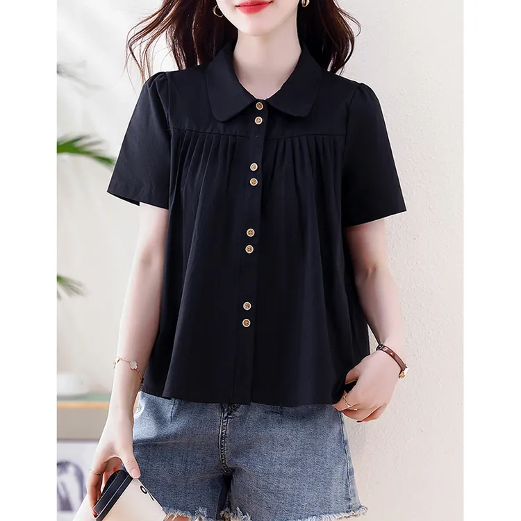 法式娃娃领黑色衬衫女短袖夏季2025年新款气质宽松衬衣洋气娃娃衫