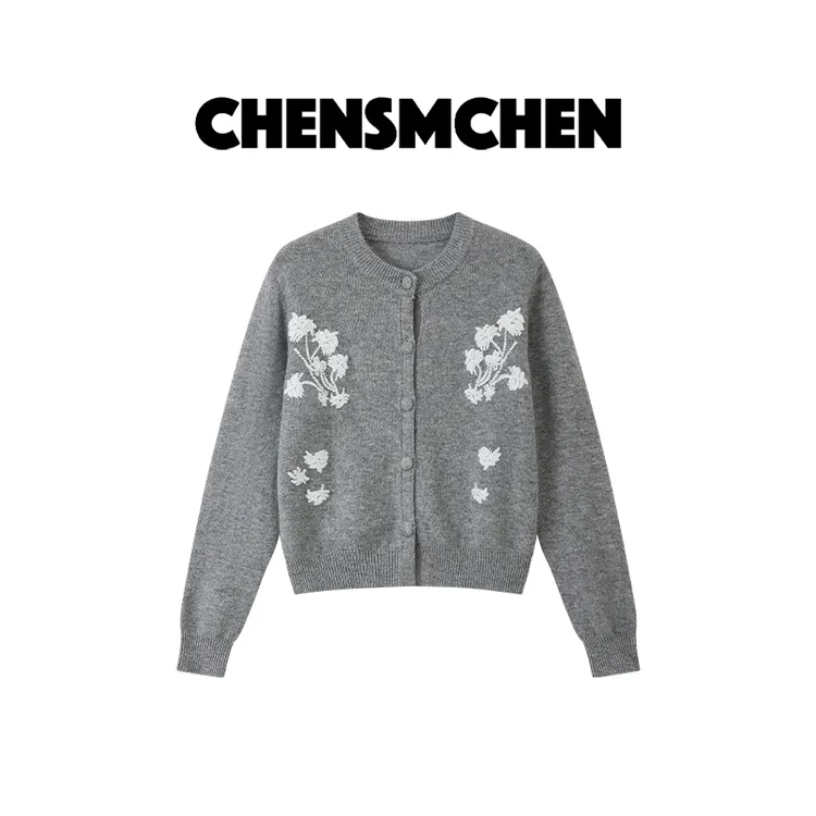 CHENSMCHEN100绵羊毛刺绣圆领针织衫女时尚休闲百搭开衫CSZ8126WL
