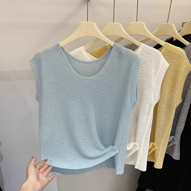 韩版蓝色圆领冰丝针织背心女2025年夏季新款时尚百搭洋气无袖上衣