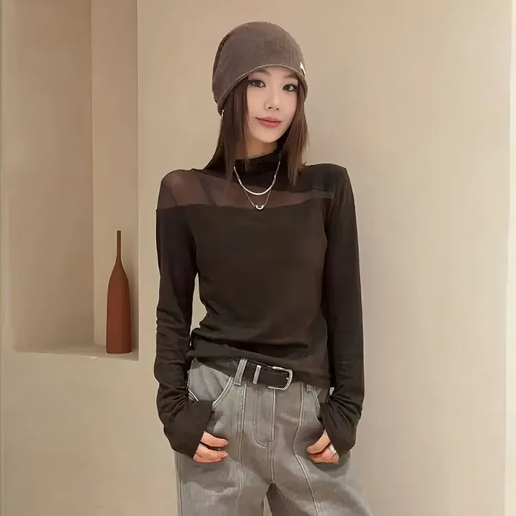 大码女装网纱拼接半高领长袖t恤秋季胖mm修身显瘦内搭打底衫上衣