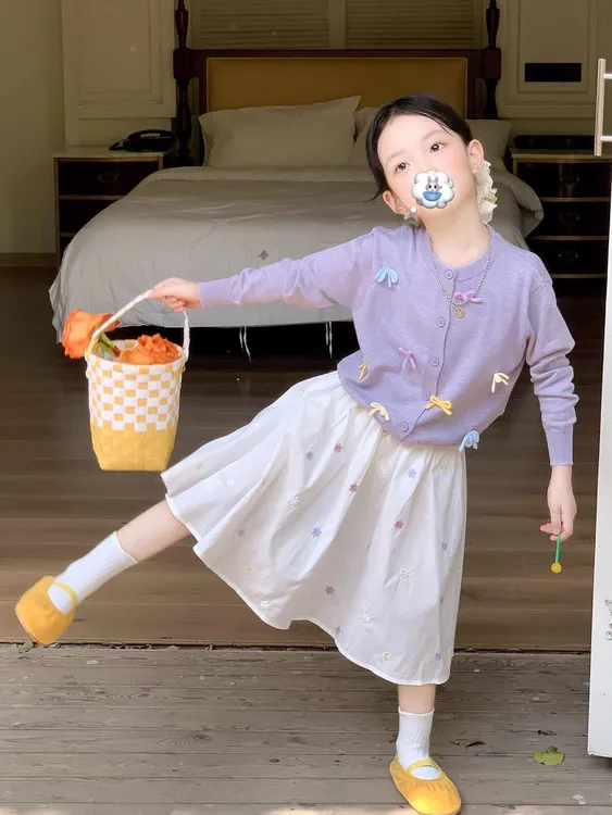女童甜美少女简约百搭针织衫儿童套装蝴蝶结毛衣小女孩半身裙秋装