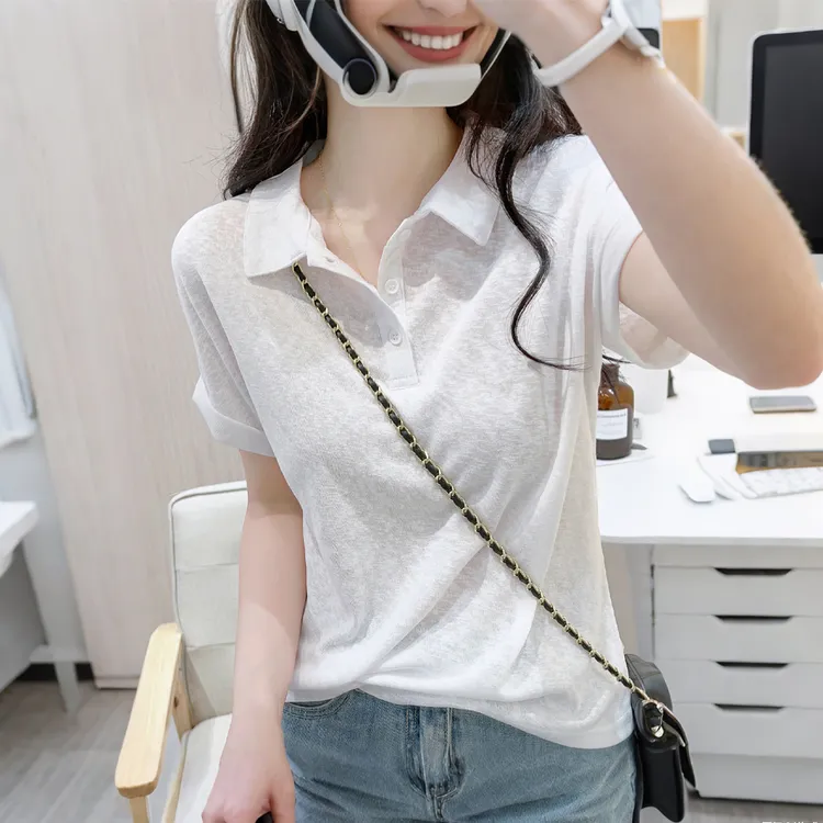 卷边袖polo衫短袖T恤女夏季小个子显瘦雪花棉宽松休闲基础款上衣