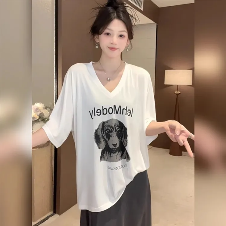 【运费补贴】减龄微胖mm印花V领短袖T恤女夏季大码宽松遮肚子上衣