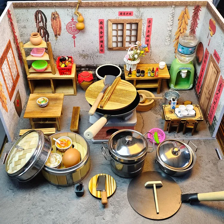迷你厨房过家家玩具迷你小厨房精致厨具配件茶具木制