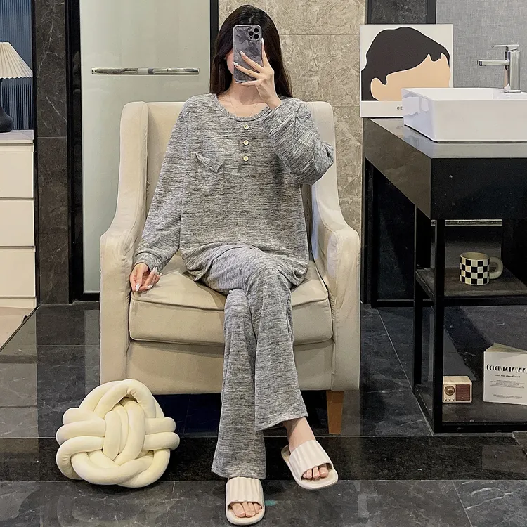 可外穿睡衣女秋冬季德绒保暖简约灰色长袖长裤宽松休闲家居服套装
