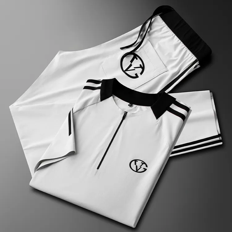 精致感V印花撞色休闲运动套装男士2025新款夏季修身凉感两件套薄