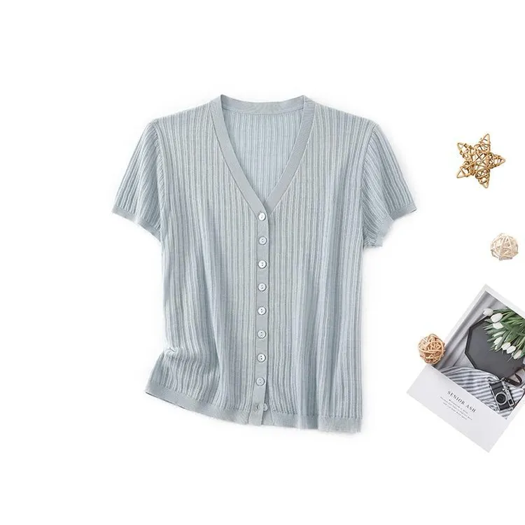 天丝+桑蚕丝夏季V领薄款短袖开衫女2025新款百搭气质显瘦休闲上衣