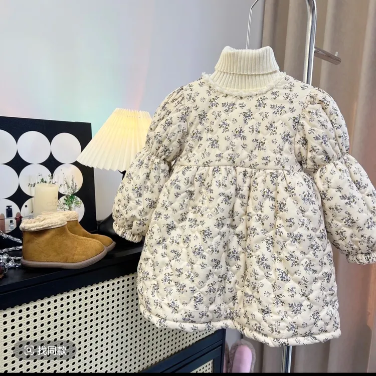 韩版女童碎花棉裙2025秋冬新款夹棉加绒碎花裙洋气女宝穿搭