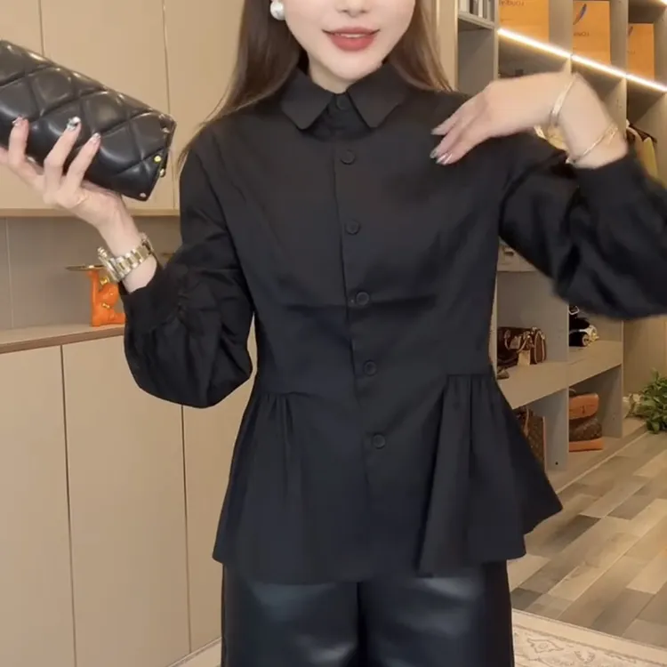 春秋款修身百搭收腰遮肚子小众设计感长袖翻领衬衫显瘦气质衬衣女