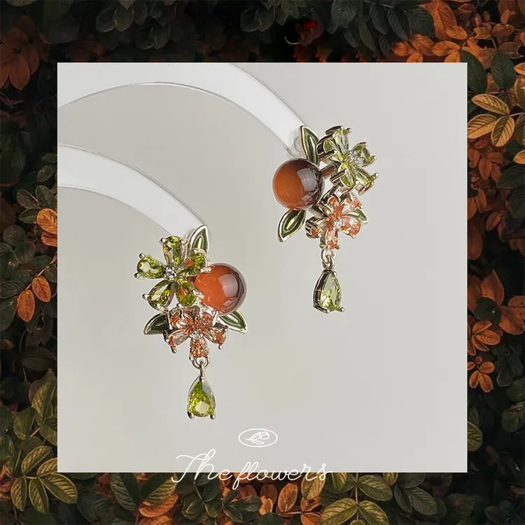 铜合金耳饰 森系甜美花朵柿子镶嵌锆石百搭清新文艺复古耳饰