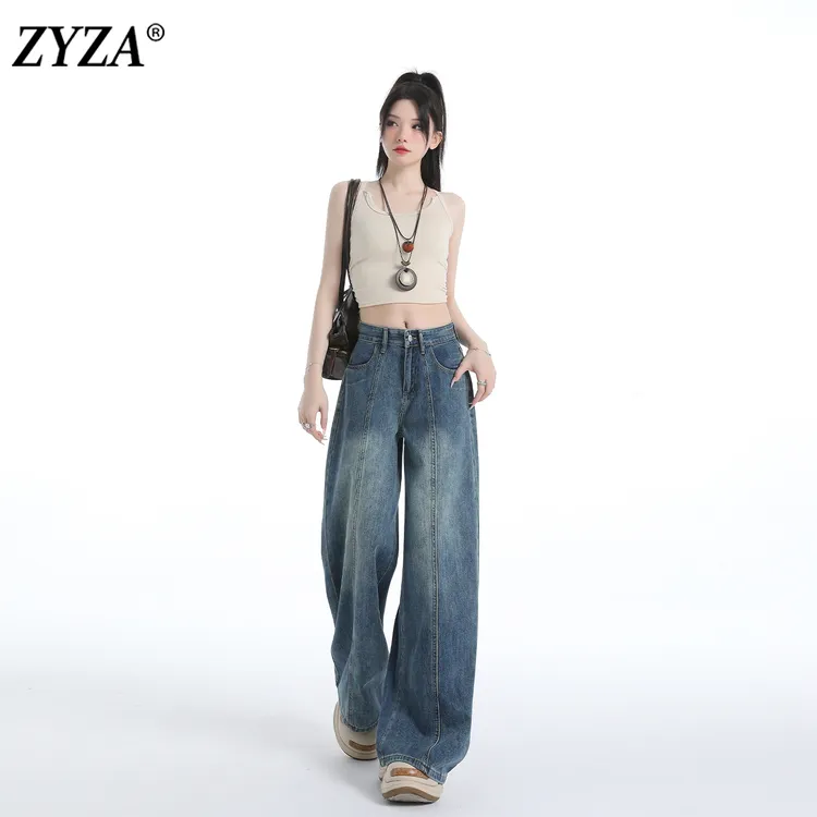 ZYZA复古窄版阔腿裤女2025秋季新款小个子高腰宽松垂感直筒牛仔裤