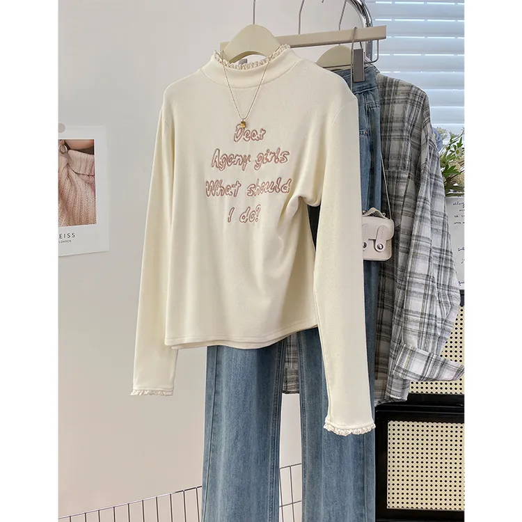 双面加绒圆领蕾丝拼接高级感内搭长袖T恤加厚秋冬季打底衫上衣女