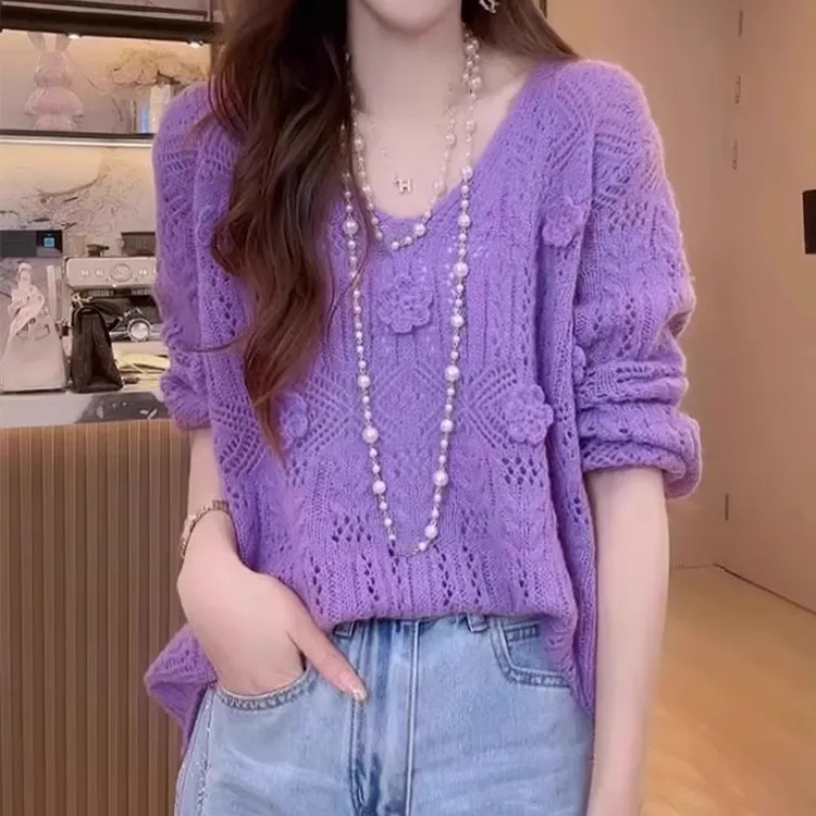 秋季胖MM立体花朵镂空针织V领空调衫女大码慵懒遮肉防晒罩衫上衣