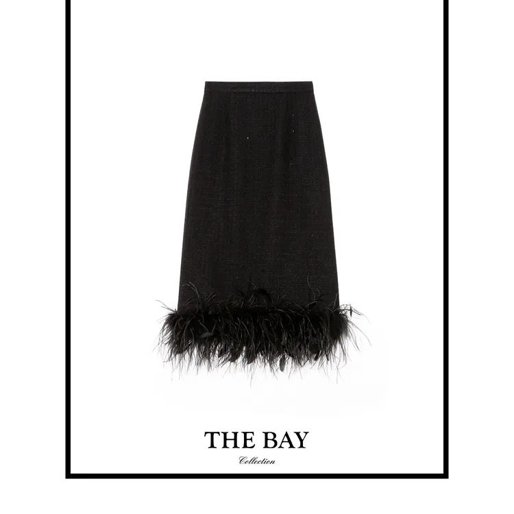 TheBay【万人迷】羊毛真丝可拆卸驼鸟毛亮片半身裙Bay2SQXL0256