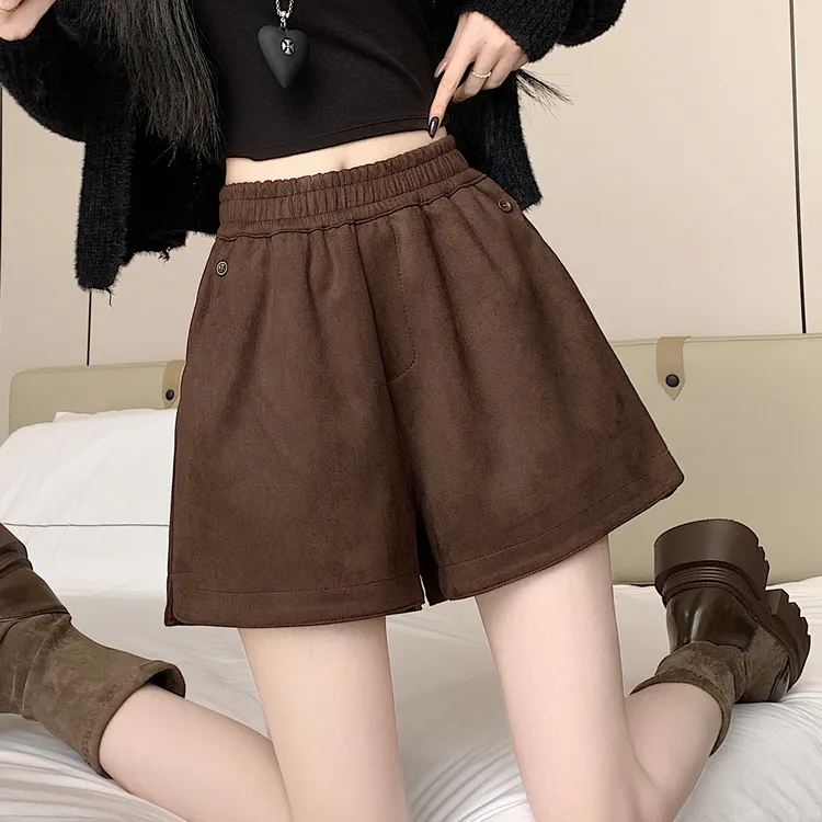 美拉德麂皮绒高腰休闲裤女秋冬宽松显瘦松紧腰辣妹阔腿短裤靴裤