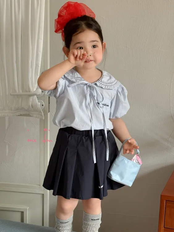 one豆正版2025夏季新款学院风娃娃领上衣百褶裙套装5536