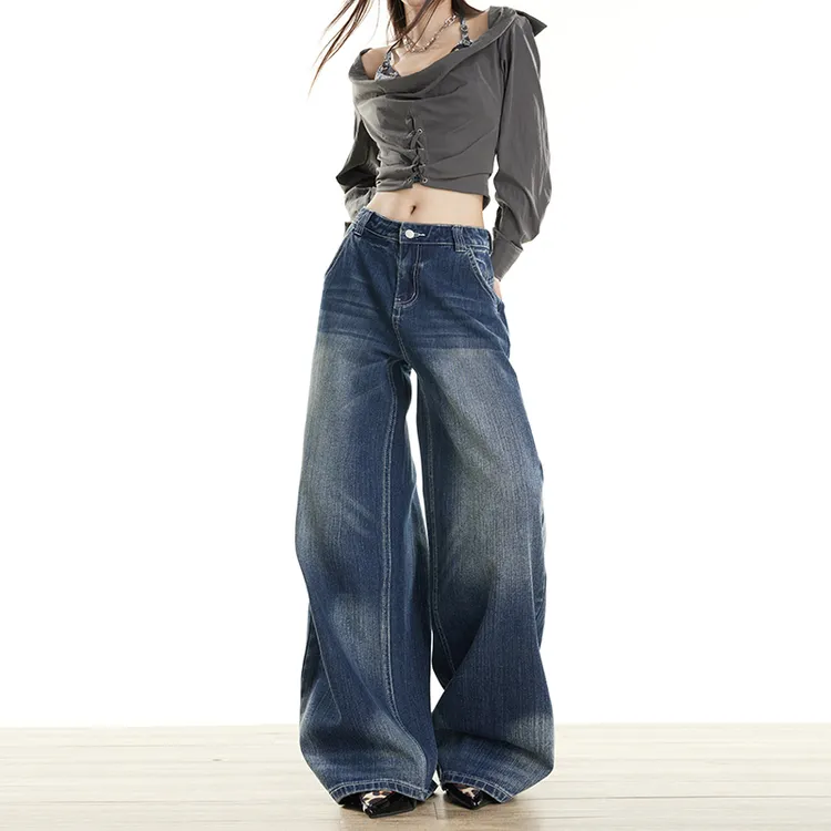 设计感斑驳纹理阔腿牛仔裤女2025早秋新款高腰宽松显瘦遮跨拖地裤
