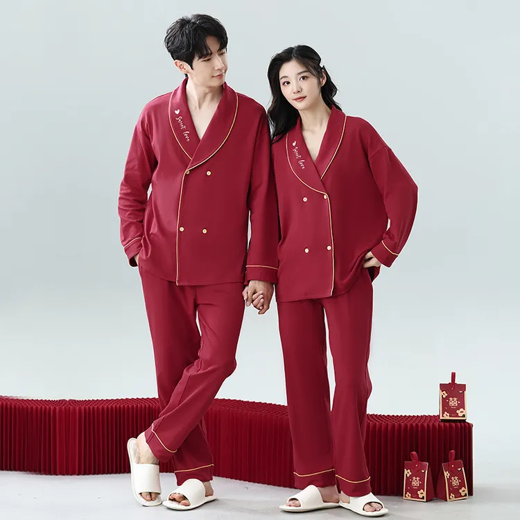 新款长袖情侣家居服套装7A冬季结婚睡衣喜庆大码新婚睡衣