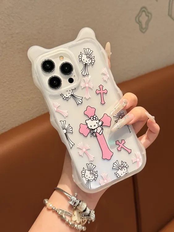 可爱波浪猫耳十字架KT适用苹果16/15/14/13全包防摔手机壳