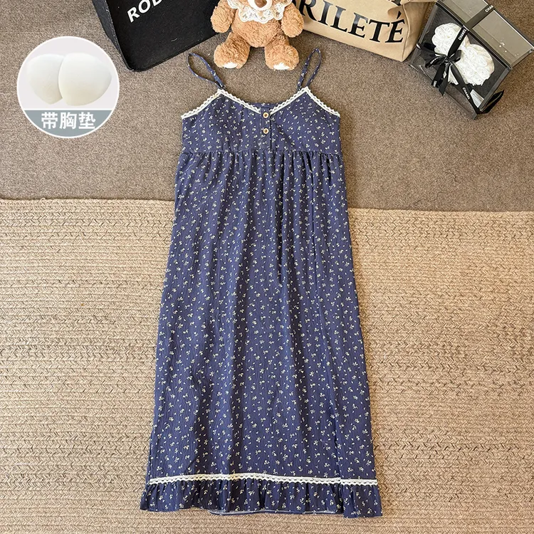 带胸垫睡裙女款夏季云朵棉韩版新款深蓝碎花性感吊带甜美休闲睡衣
