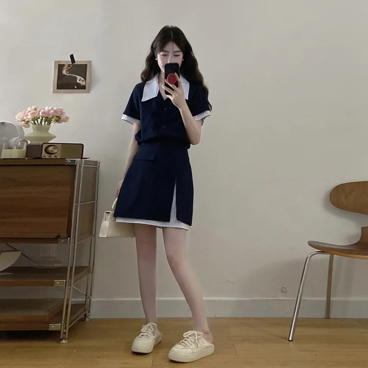 大码胖MM撞色假两件设计正肩上衣显瘦开叉半裙高级感两件套