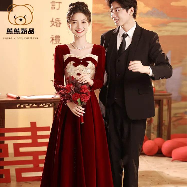 丝绒敬酒服新娘红色长袖订婚礼服连衣裙2025新款回门连衣裙mdd