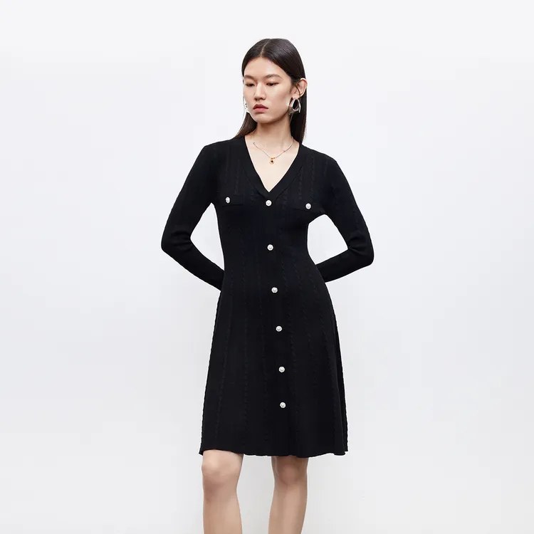 Vero Moda连衣裙2025秋冬新款修身显瘦A字荷叶边针织裙浪漫时尚