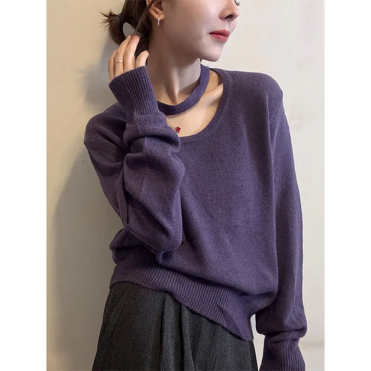 秋冬长袖针织衫女2025高级感修身显瘦减龄内搭毛衣挂脖飘带上衣