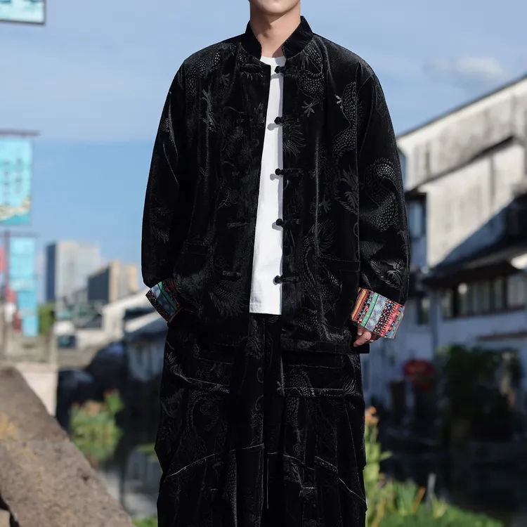 新中式青年潮牌唐装男秋季中国风金丝绒中山装夹克宽松居士服外套
