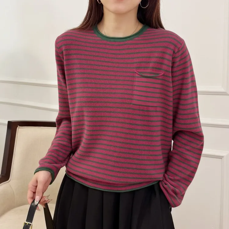 【100%纯棉】条纹圆领套头长袖针织衫早秋女士百搭宽松休闲上衣