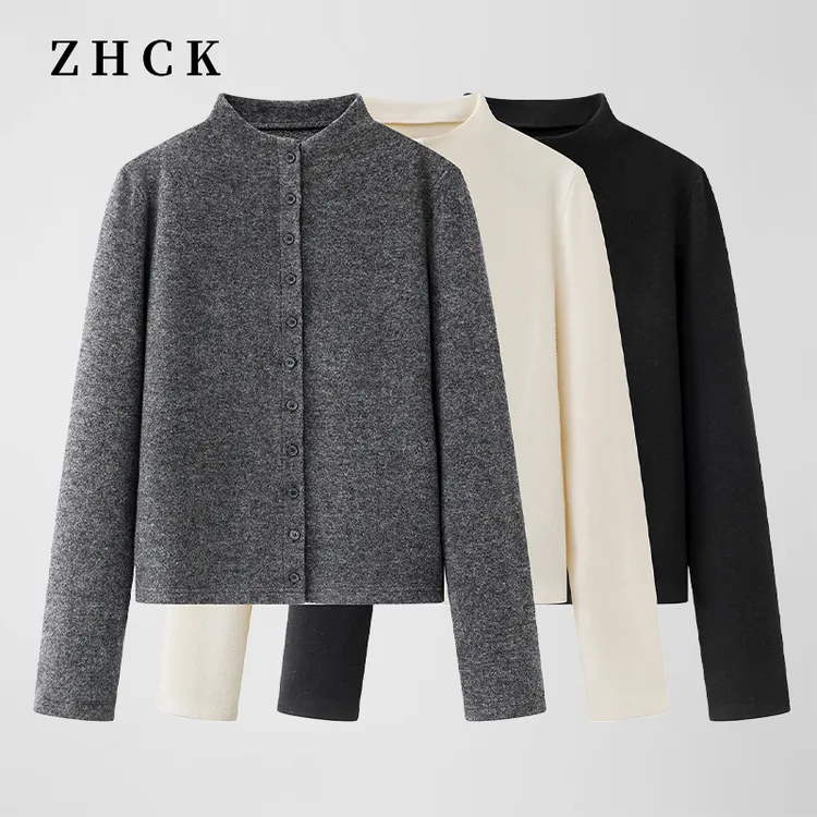 ZHCK设计感立领长袖时尚打底衫2025新款单排扣纯色百搭长袖上衣女