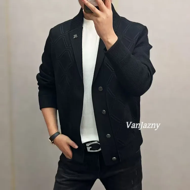 【VanJazny】新款高端男士针织拼接菱格纹青果领夹克外套58061
