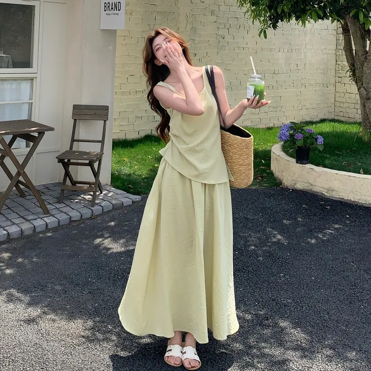 法式简约侧收腰开衩无袖吊带背心小衫松紧腰半身裙两件套时尚套装